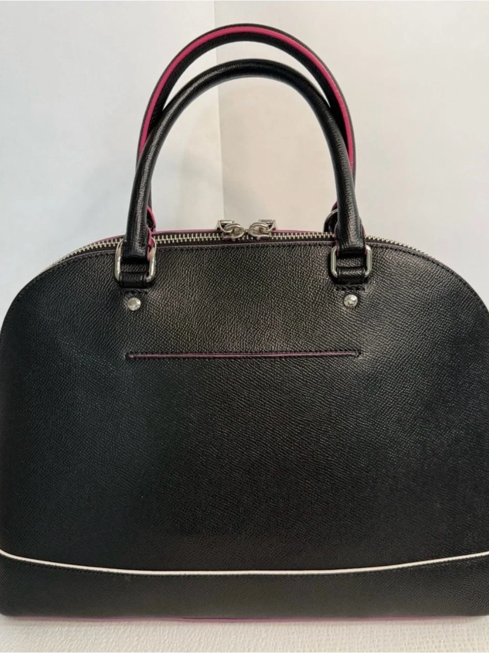 Coach Black Leather Dome Satchel with Pink Trim